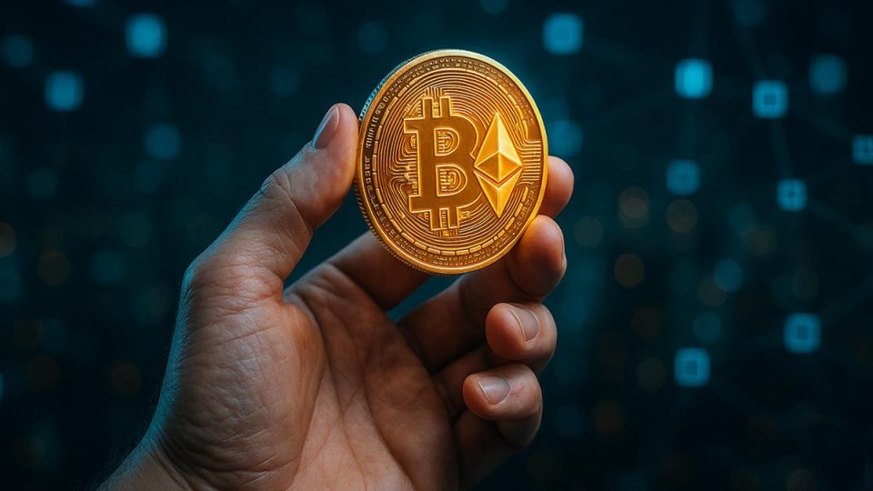 Hand holding crypto coins in a digital setting.