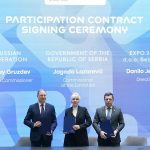Signing of the agreement on the Russian Federation’s participation in EXPO 2027 in Belgrade — Aleksey Gruzdev, Jagoda Lazarević, and Danilo Jerinić with the signed documents.