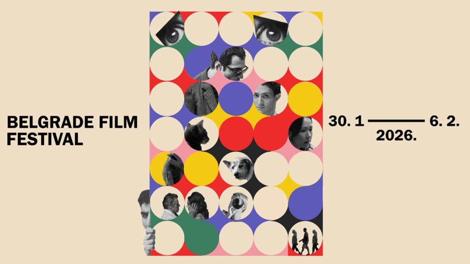 Poster „Belgrade Film Festival“ sa šarenom mrežom krugova i kolažom filmskih kadrova; istaknuti datumi 30.1–6.2.2026.