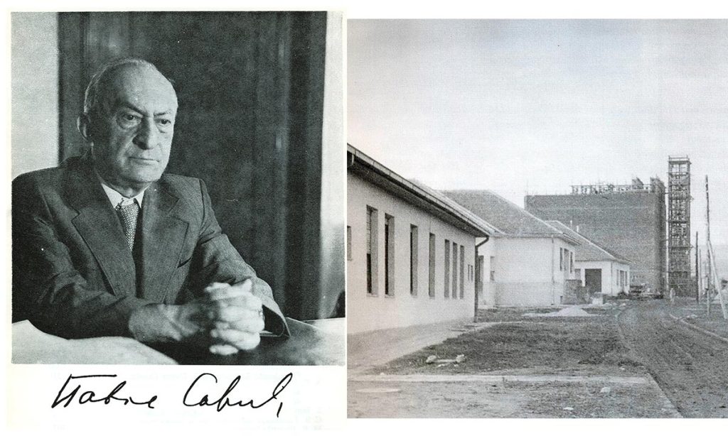 Crno-bela arhivska fotografija: portret naučnika i prvi objekti Instituta „Vinča“ u izgradnji.