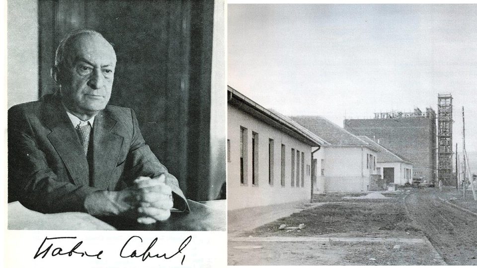 Crno-bela arhivska fotografija: portret naučnika i prvi objekti Instituta „Vinča“ u izgradnji.
